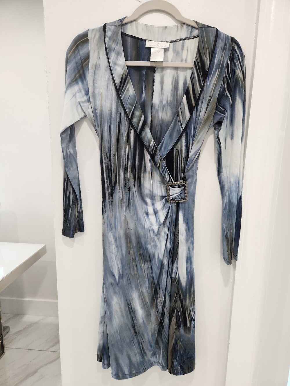 Papillon Blanc Blue and Gray Wrap Dress with Buckle Detail